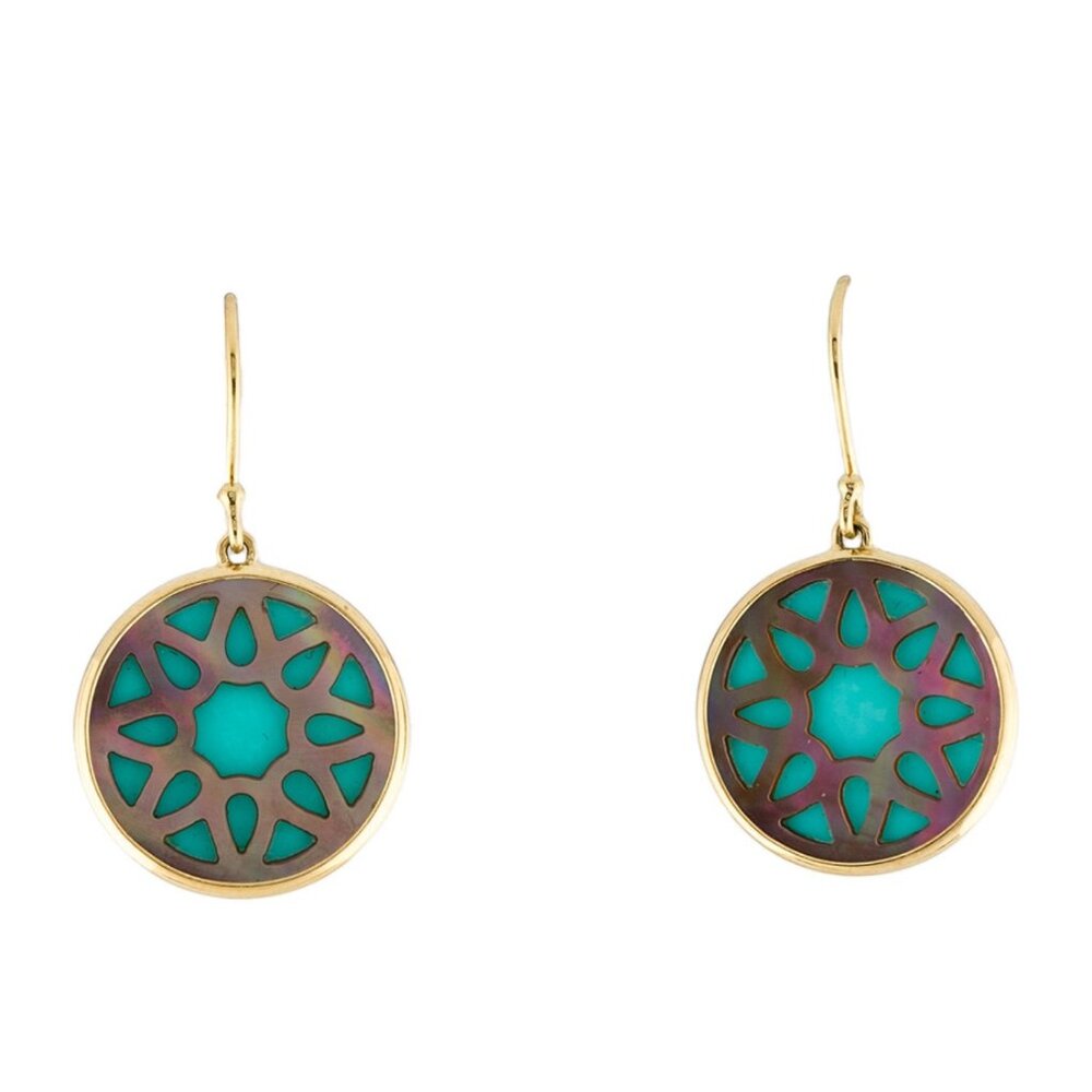 IPPOLITA 18K YELLOW COMPOSITE TURQUOISE & MOTHER OF PEARL LACE DROP EARRINGS